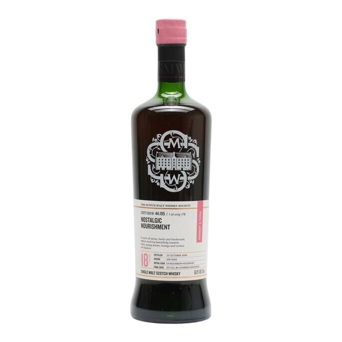 Craigellachie Nostalgic Nourishment 18 Year Old, 1st Fill #4 Charred Hogshead & Bourbon Hogshead Cask, Cask #195, 2006, The Scotch Malt Whisky Society, 60.3% whisky bottle