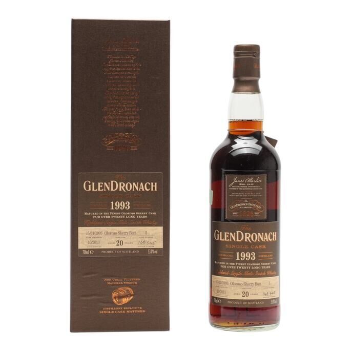 GlenDronach Single Cask 20 Year Old, Pedro Ximénez Sherry Puncheon Cask, Cask #5, Batch No. 9, 2013, 53% whisky bottle
