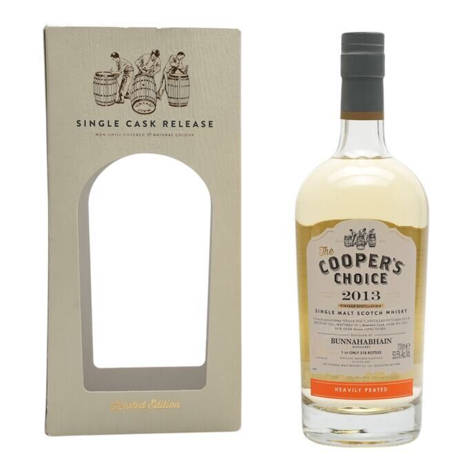 Bunnahabhain Heavily Peated 7 Year Old, Bourbon Cask, Cask #10527, 2013, Cooper's Choice, 53.5% whisky bottle