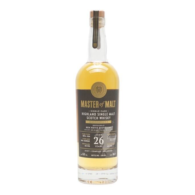 Ben Nevis Masterpiece 26 Year Old, Refill Hogshead & Rum Barrique Cask, 1998, Master of Malt, 45.5% whisky bottle